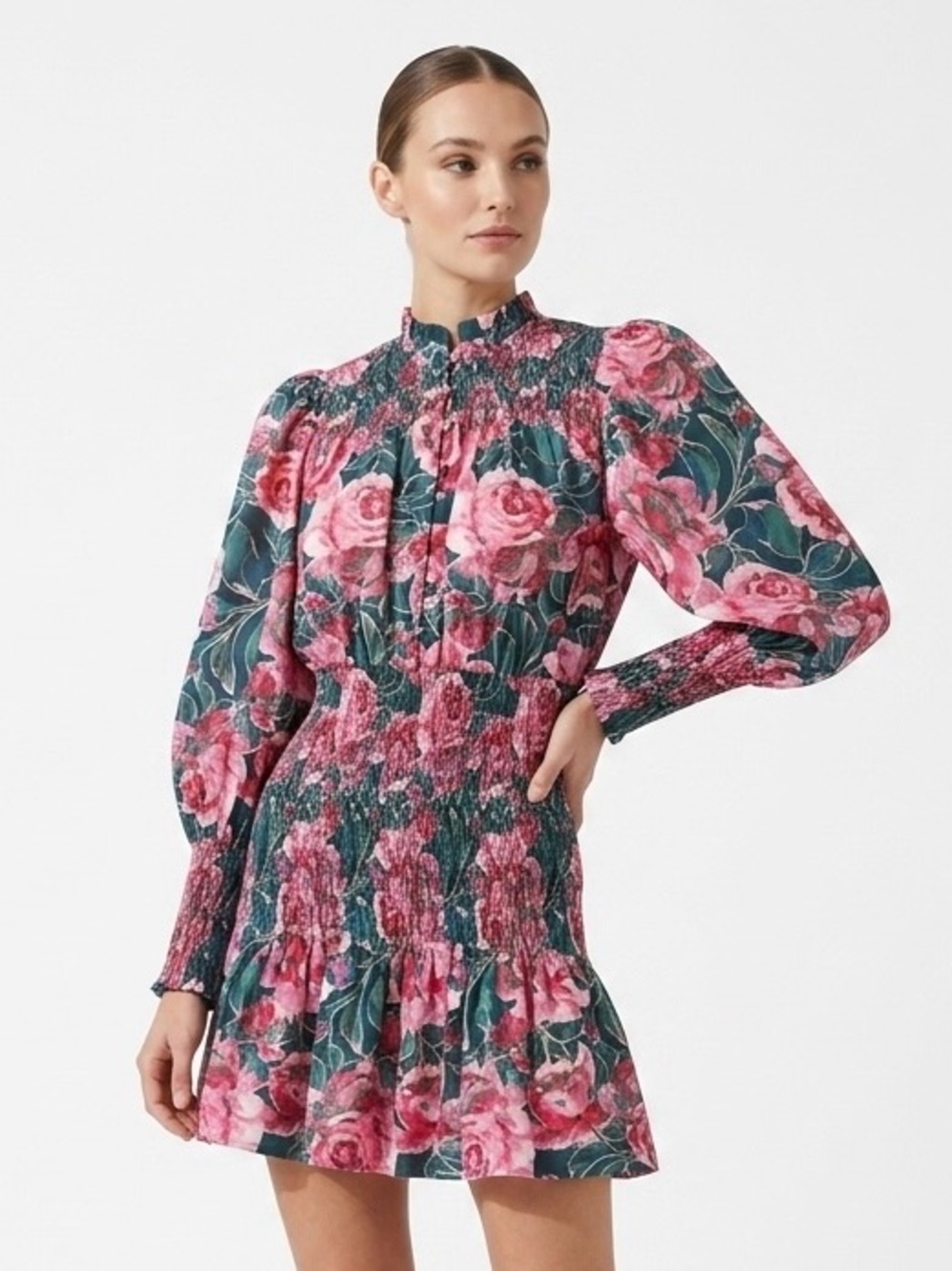 Listicle, 100% Cotton, Pink Rose Print Smocked Mini Dress with Green Base - M